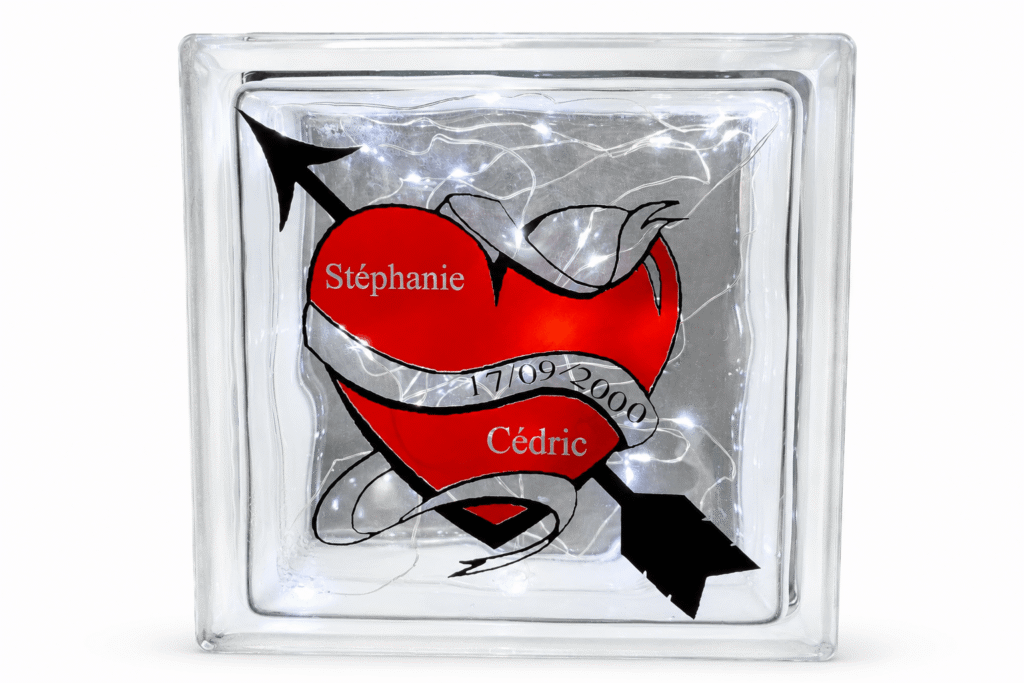 Brique en verre personnalisée cœur Saint-Valentin