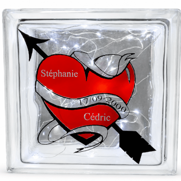 Brique en verre personnalisée cœur Saint-Valentin