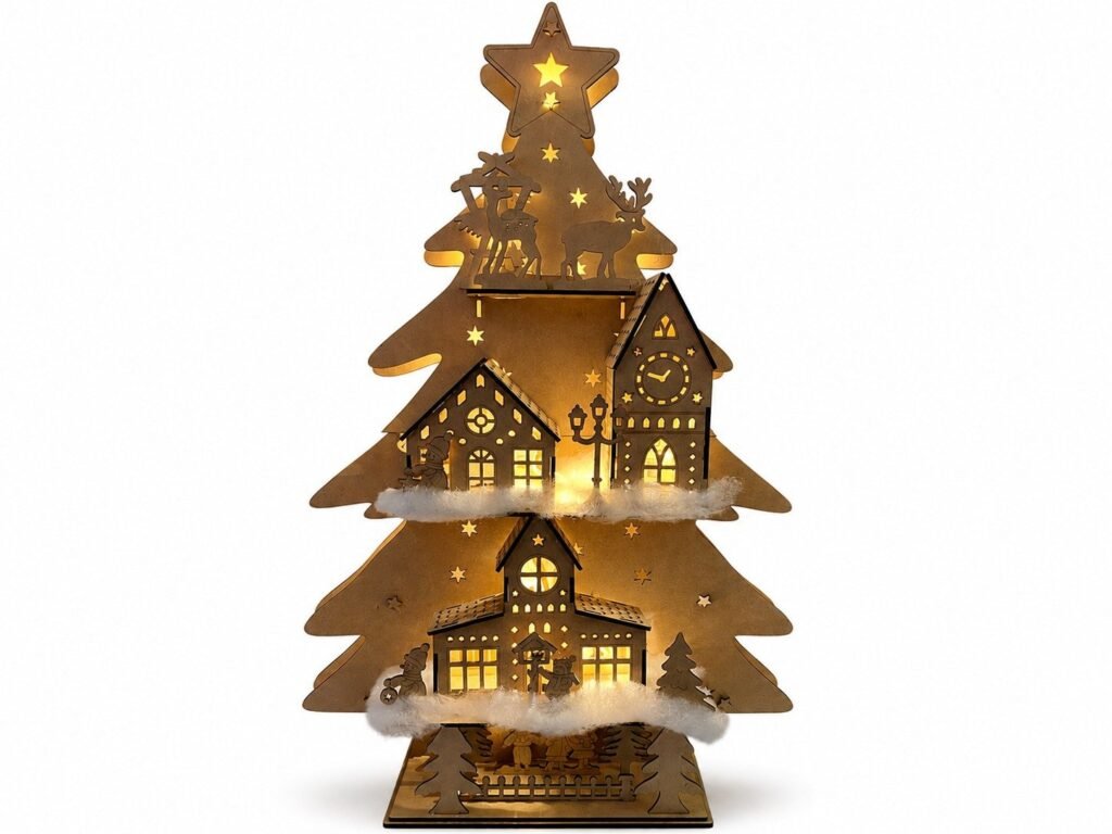 Sapin de Noël lumineux en bois avec village – 80 cm