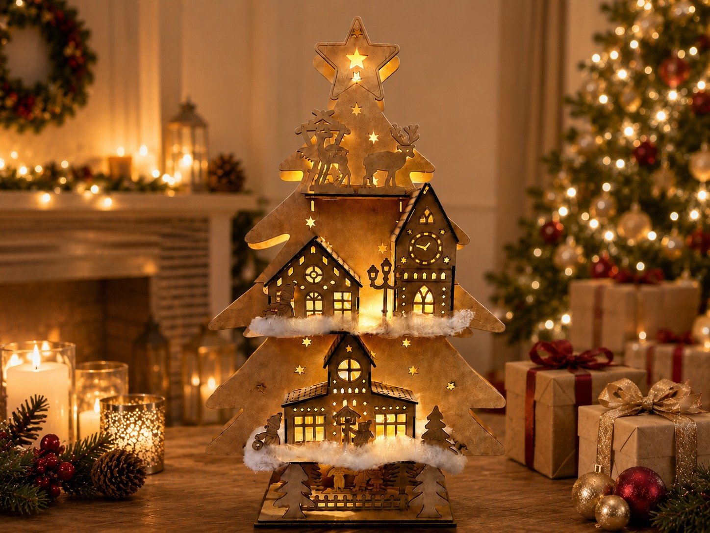 Sapin de Noël lumineux en bois avec village – 80 cm, vue 2