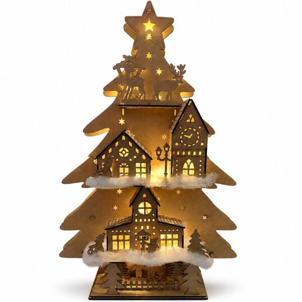Sapin de Noël lumineux en bois avec village – 80 cm