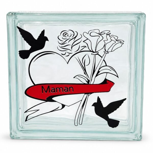 Brique en verre personnalisée Maman – cœur, fleurs et colombes