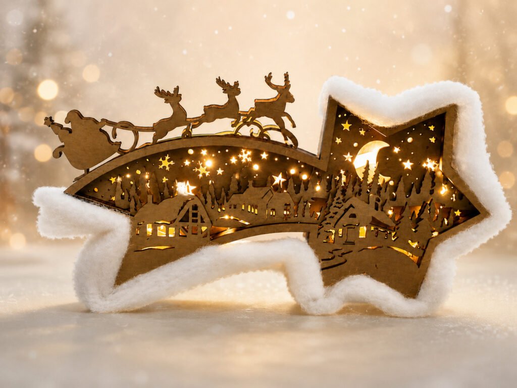 Décoration de Noël lumineuse en bois – étoile, village et traîneau