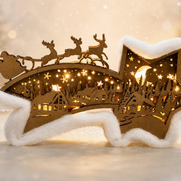 Décoration de Noël lumineuse en bois – étoile, village et traîneau