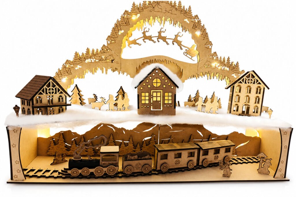 Village de Noël en bois lumineux avec train