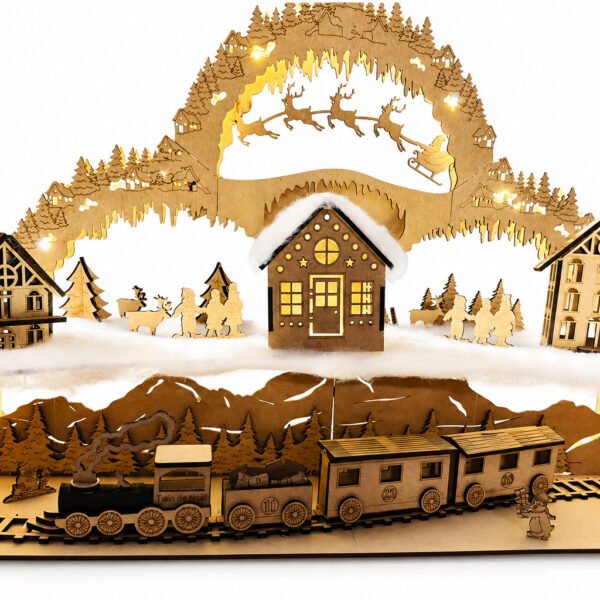 Village de Noël en bois lumineux avec train