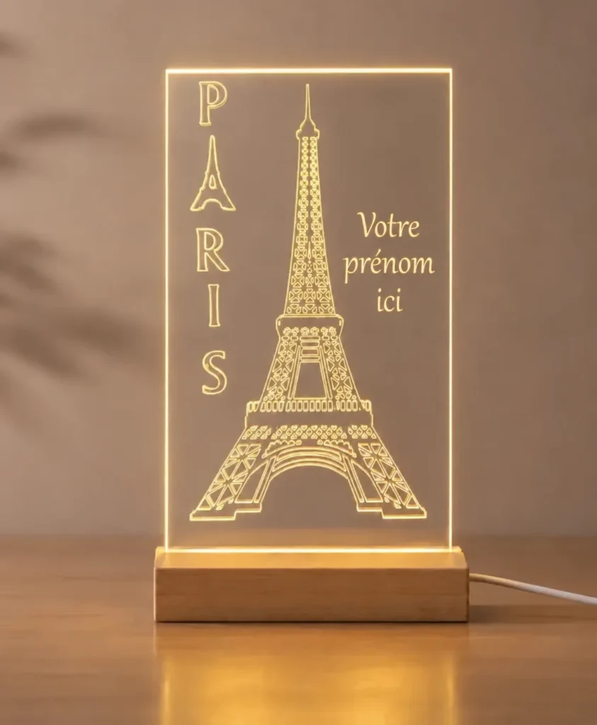 Lampe LED Tour Eiffel sur socle en bois, avec gravure « Votre prénom ici ».