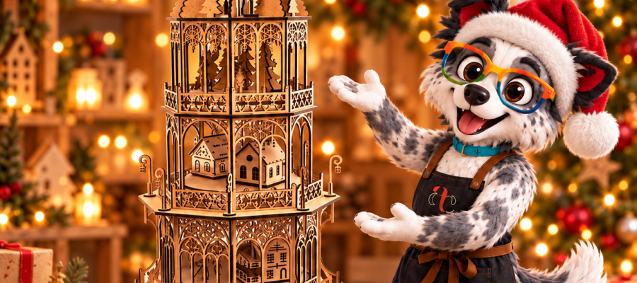 Asty avec un bonnet de Noël présente la Tour enchantée tournante en MDF dans un atelier aux lumières chaleureuses